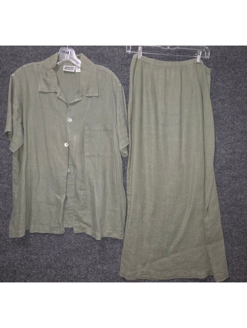 VS13. Vintage 90s Chico’s Design Sage Green 100% Linen Shirt Maxi Skirt Set Sz 1
